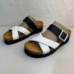 NAOT Juliette Platform Slide Sandal Soft Black & White Leather Straps Women’s 9